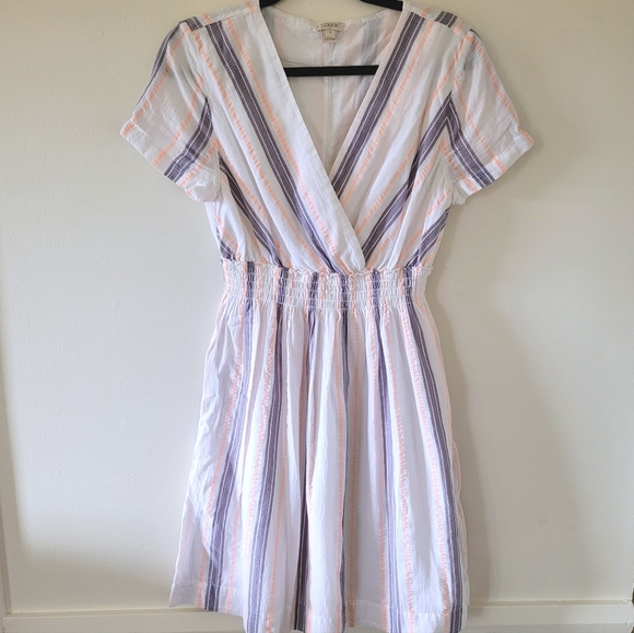 J Crew Factory Medium Cotton V Neck Dress Elastic Waist Stripes - Picture 1 of 10